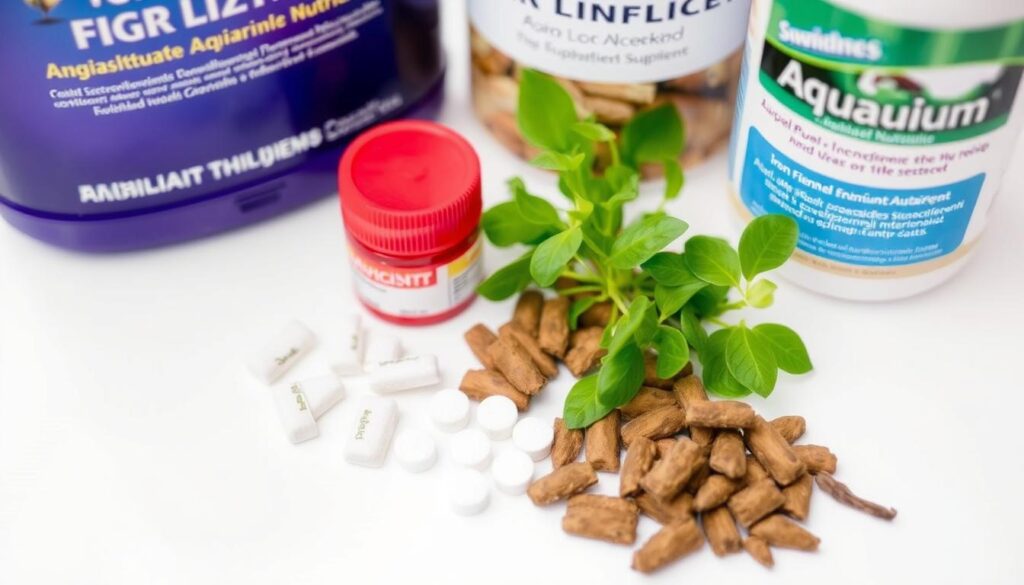 A close-up photo of an assortment of aquarium plant nutrients, including liquid fertilizer, iron supplement, and root tabs, arranged neatly on a clean, white surface. The lighting is soft and even, highlighting the vibrant colors and textures of the products. The focus is sharp, allowing the viewer to clearly see the details of each item. The overall composition is balanced and aesthetically pleasing, conveying a sense of organization and professionalism suitable for an educational guide on aquarium plant care.
