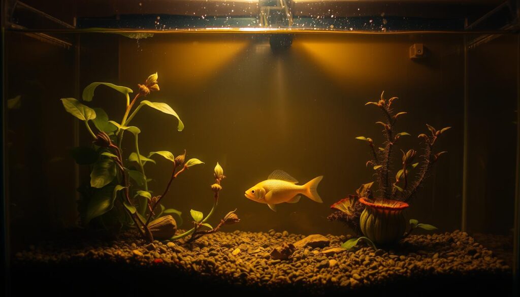 A dimly lit 5-gallon aquarium filled with murky, discolored water. Shriveled, sickly plants struggle to survive, their leaves wilting and decaying. The gravel at the bottom is covered in a thick layer of debris and algae, signaling a lack of proper filtration and maintenance. A single, lethargic fish drifts aimlessly, its fins clamped tight, indicating stress. The scene is illuminated by a flickering, warm-toned overhead light, casting long shadows and an ominous atmosphere, hinting at the impending failure of this once thriving ecosystem.
