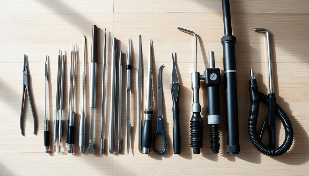 A well-organized collection of specialized aquascaping tools for advanced aquarium maintenance, meticulously arranged on a clean, minimalist wooden surface. A wide variety of high-quality stainless steel and glass implements, including precision trimmers, long-reach aquarium tweezers, magnetic algae scrapers, and a professional-grade aquarium vacuum. Soft, directional lighting casts dramatic shadows, highlighting the intricate details and textures of each tool. The scene conveys a sense of order, functionality, and the dedication required for maintaining a stunning, thriving aquatic ecosystem.