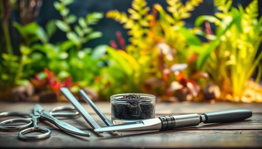 Aquarium tool selection: a detailed still life on a wooden surface. In the foreground, an assortment of stainless steel aquascaping tools - curved scissors, long tweezers, a trimming knife, and a glass scraper. In the middle ground, a small glass container filled with nutrient-rich aquarium soil. The background features an array of lush, vibrant plants, casting a warm, natural glow. Soft, directional lighting from the side creates dramatic shadows, emphasizing the textures and forms of the tools. The overall mood is one of precision, focus, and the beauty of the aquatic world.