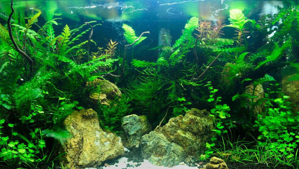 A well-lit aquarium in a clean, modern living space, filled with lush aquatic plants and vibrant fish swimming peacefully. The tank is positioned on a sleek wooden stand, casting a warm, inviting glow. The water's surface reflects the natural light, creating a serene, tranquil atmosphere. The camera angle showcases the depth and scale of the aquarium, highlighting its longevity as a captivating centerpiece in the room. Realistic textures, high-quality materials, and a balanced composition convey the durability and long-lasting appeal of a properly maintained 5-gallon aquarium.