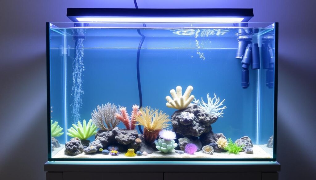A 15-gallon glass aquarium with a sleek, modern design, filled with pristine, crystal-clear water. The tank is illuminated by a bright, energy-efficient LED lighting system that casts a warm, natural glow, highlighting the vibrant colors of the marine life within. The front panel is made of high-quality tempered glass, offering a seamless, unobstructed view of the captivating underwater world. The tank sits atop a sturdy, minimalist stand, complementing the overall aesthetic. The scene evokes a sense of tranquility and invites the viewer to imagine the wonders of an entry-level saltwater aquarium setup.