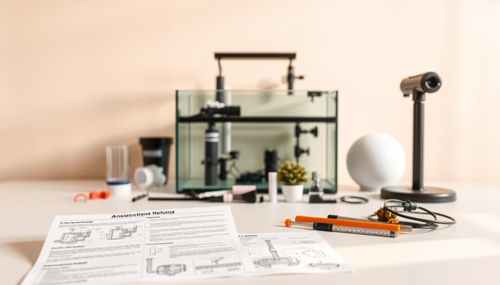 A clean, well-lit workspace with a smooth, neutral-toned background, showcasing various tools and materials needed for a successful aquarium installation. In the foreground, a set of detailed instructions, diagrams, and schematics, presented in a clear, organized manner. The middle ground features neatly arranged aquarium components, such as filters, pumps, and décor, conveying a sense of professionalism and attention to detail. The background softly blurs into a subtle, minimalist pattern, creating a calming, focused atmosphere. Warm, diffused lighting casts a natural glow, highlighting the precision and care required for a flawless aquarium setup.