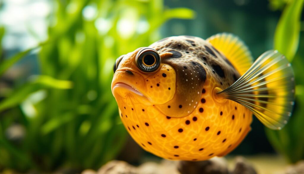 A close-up, highly detailed shot of a vibrant, freshwater Mbu puffer fish in its natural habitat. The puffer's rounded, armored body is captured in sharp focus, showcasing its unique texture and intricate patterns. Soft, diffused lighting from above illuminates the fish, casting gentle shadows that accentuate its three-dimensional form. The background is slightly blurred, with hints of lush, green aquatic plants and a calm, reflective water surface, creating a sense of depth and tranquility. The overall mood is one of scientific observation and appreciation for the Mbu puffer's remarkable adaptations.