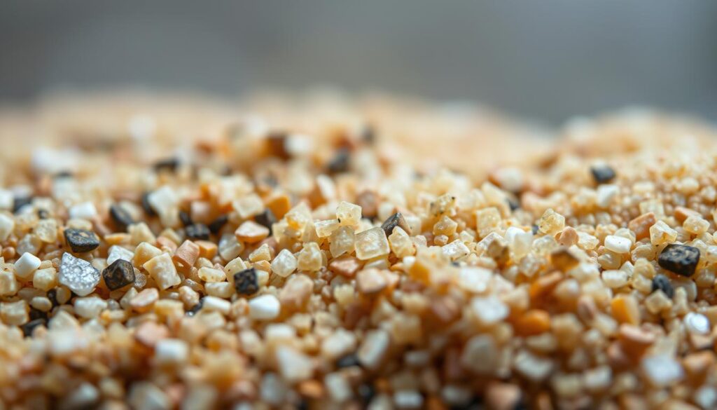 A close-up macro photograph of various aquarium substrate grains, showcasing their diverse textures and sizes. The foreground features a range of sand, gravel, and planted tank-specific substrates, each with distinct granule shapes, colors, and reflective properties. The middle ground blurs softly, drawing the viewer's attention to the intricate details of the substrate materials. The background is a neutral, out-of-focus surface, allowing the textural qualities of the substrates to be the central focus. Soft, directional lighting highlights the subtle sheen and contours of the individual grains, creating a sense of depth and dimension. Captured with a high-resolution camera and a shallow depth of field, this image provides a comprehensive visual reference for choosing the optimal substrate grain size, weight, and texture for a thriving planted aquarium.