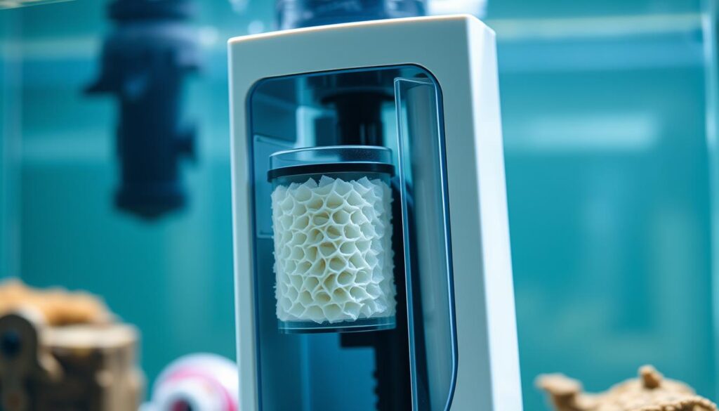 A close-up shot of a modern, high-efficiency aquarium filtration system, showcasing the intricate mechanical and biological components that work together to maintain crystal-clear water. The foreground depicts a three-stage filtration process, including a mechanical filter pad, a biological filter media, and a chemical filtration cartridge. The middle ground features the housing unit, with clean lines and a sleek, minimalist design that blends seamlessly into the aquarium's aesthetic. The background is softly blurred, creating a sense of depth and focus on the filtration system's inner workings. The lighting is natural, with soft, diffused illumination that highlights the various textures and materials. The overall tone is one of technical precision, efficiency, and the importance of effective filtration in a thriving saltwater aquarium ecosystem.