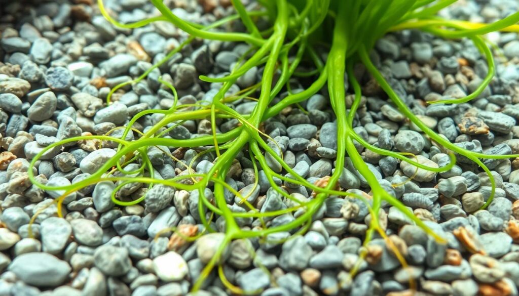 A close-up shot of a thriving aquarium substrate, revealing an intricate web of plant roots entangled in the gravel. The roots are a rich, vibrant green, suggesting a healthy, nutrient-dense environment. The substrate is composed of smooth, rounded pebbles in shades of gray and brown, creating a natural, earthy texture. Soft, diffused lighting illuminates the scene, casting gentle shadows and highlighting the delicate structure of the roots. The overall composition emphasizes the importance of a well-designed substrate in supporting the growth and vitality of aquatic plants, a crucial aspect of a thriving planted aquarium.