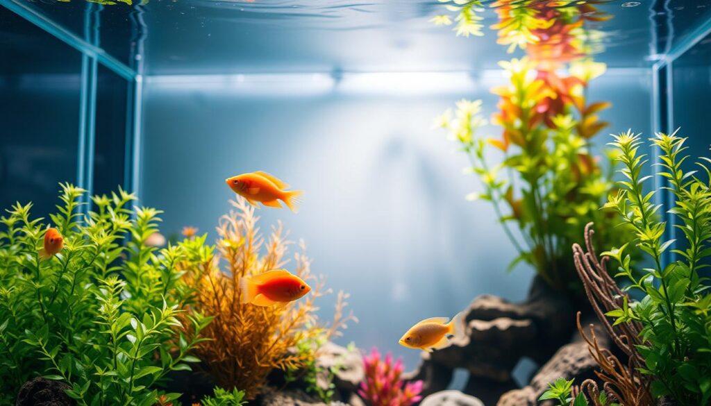 A close-up view of an aquarium setup, showcasing the importance of selecting the right background. The foreground features a well-curated selection of live aquatic plants and vibrant fish swimming gracefully. The middle ground highlights the aquarium's glass walls, emphasizing the clarity and transparency that allows the viewer to appreciate the underwater ecosystem. In the background, a high-quality, visually appealing background seamlessly blends with the surrounding environment, creating a sense of depth and naturalistic harmony. The lighting is soft and diffused, casting a warm, inviting glow throughout the scene. The overall composition conveys a calming, serene atmosphere, inspiring the viewer to thoughtfully consider the impact of the aquarium background on the overall aesthetic and the well-being of the aquatic inhabitants.