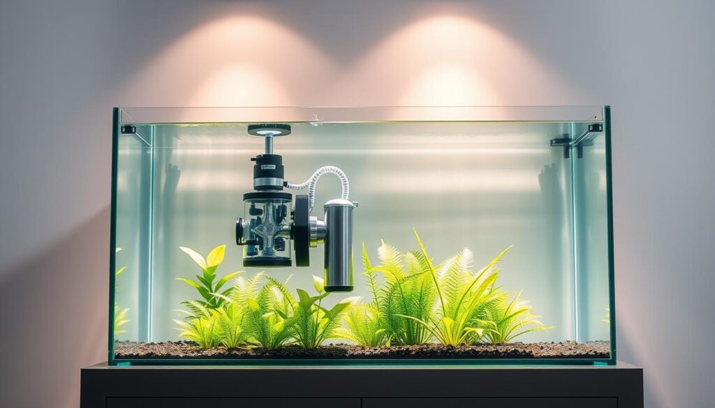 A crystal-clear glass fish tank, filled with pristine water and surrounded by a sleek, modern aquarium stand. In the foreground, a state-of-the-art filtration system, its intricate components neatly arranged and artfully illuminated, showcasing its efficient water purification capabilities. The middle ground features lush, vibrant aquatic plants, their verdant fronds swaying gently in the current generated by the filtration's gentle flow. In the background, a minimalist, monochromatic wall provides a clean, sophisticated backdrop, allowing the tank and its captivating filtration system to take center stage. Warm, directional lighting casts a soft, inviting glow, enhancing the overall sense of clarity and tranquility within the aquatic environment.