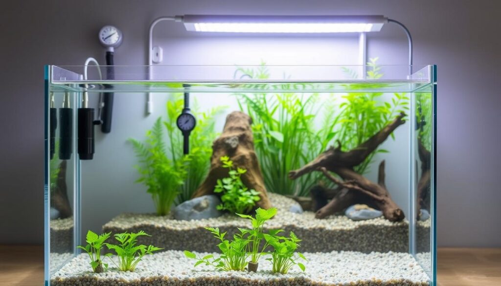 A detailed step-by-step illustration of a freshwater aquarium setup. In the foreground, a clean glass tank with a gravel substrate and live plants. In the middle ground, various aquarium equipment like a hang-on-back filter, thermometer, and air pump. In the background, a lush aquatic plant scape with rocks and driftwood, illuminated by a bright, full-spectrum LED lighting system. The scene conveys a sense of tranquility and natural harmony, showcasing the essential elements for setting up a healthy and thriving freshwater fish tank for beginners.