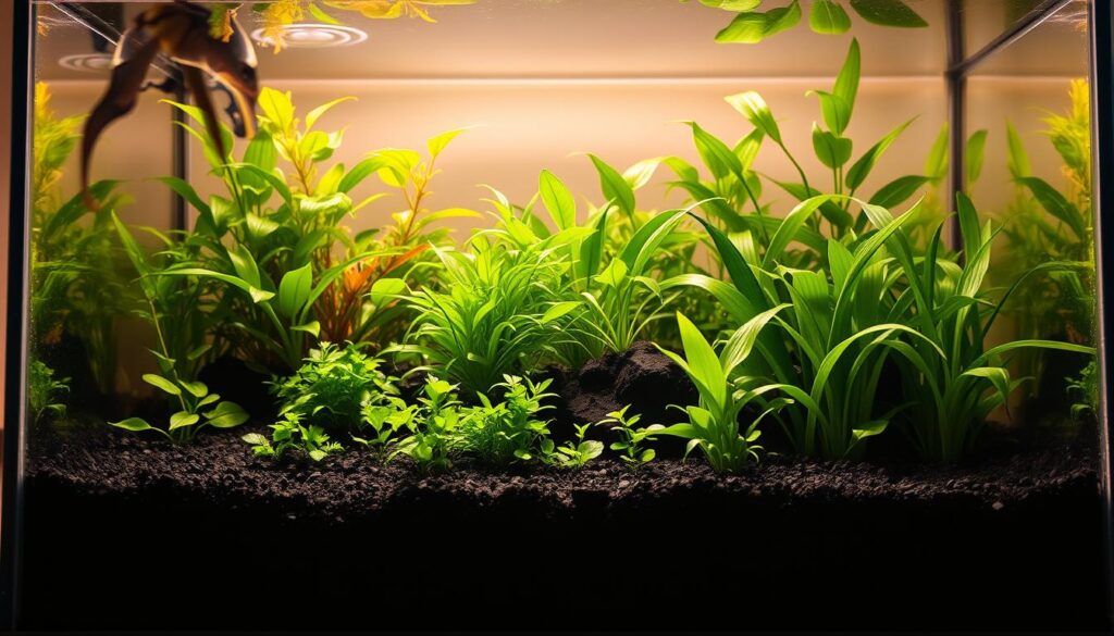 A meticulously crafted planted aquarium setup, illuminated by warm, natural lighting filtering through lush foliage. In the foreground, a substrate of layered dark soil and gravel, neatly arranged to create optimal conditions for a thriving underwater ecosystem. Midground features a variety of vibrant, aquatic plants in various shades of green, their leaves gently swaying. In the background, a sleek, modern aquarium tank with clean lines, allowing the verdant display to take center stage. The overall scene exudes a sense of balance, tranquility and careful consideration, perfectly capturing the essence of a well-established, cycled planted tank.