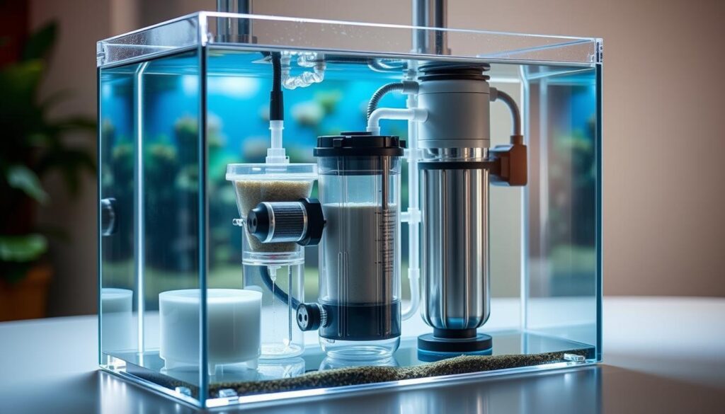 A high-quality aquarium heater sits atop a 20-gallon tank, its sleek stainless-steel casing gleaming under the soft, even lighting. The heater's digital control panel is easily accessible, allowing for precise temperature regulation. The device is discretely mounted on the tank's rear wall, seamlessly blending into the aquatic environment. In the background, lush greenery and vibrant aquatic plants create a serene, natural-looking scene, hinting at the stable, optimal water conditions maintained by the carefully placed heating element.