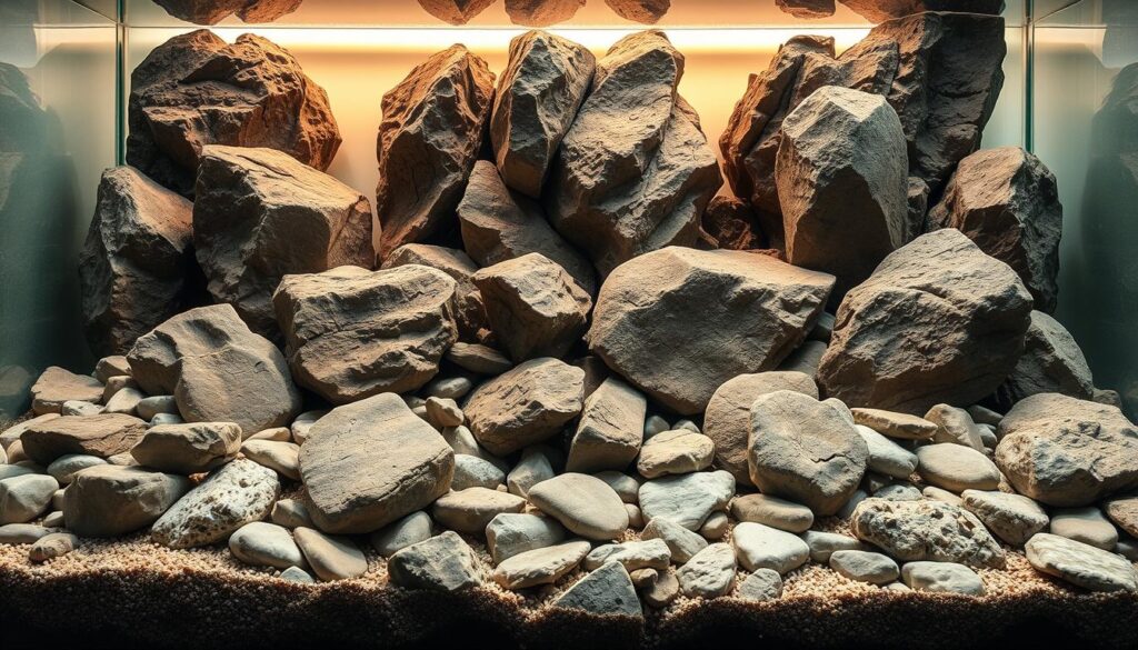 A diverse arrangement of popular aquascaping rocks displayed in a natural, well-lit setting. In the foreground, a cluster of smooth, rounded river rocks in various shades of gray, their surfaces glistening with a subtle sheen. In the middle ground, angular, craggy lava rocks in deep charcoal and rusty hues, their irregular shapes and textures catching the light. In the background, a scattering of flat, slate-like stones in earthy tones, their layered patterns and sharp edges creating visual interest. The overall composition conveys a sense of balance, depth, and the essential elements of an impactful aquarium hardscape.