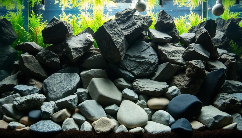 A pristine aquarium filled with a diverse array of meticulously arranged aquascaping rocks. In the foreground, a collection of smooth, natural stones in earthy tones of gray, brown, and black, artfully positioned to create a sense of depth and visual interest. In the middle ground, larger boulders and angular rock formations, casting dramatic shadows and providing structure to the underwater landscape. The background features a lush, vibrant aquatic plant life, casting a gentle, verdant glow. The lighting is soft and diffused, emphasizing the textures and contours of the rocks, creating a serene and contemplative atmosphere. Captured with a wide-angle lens to showcase the scale and grandeur of the aquascape.