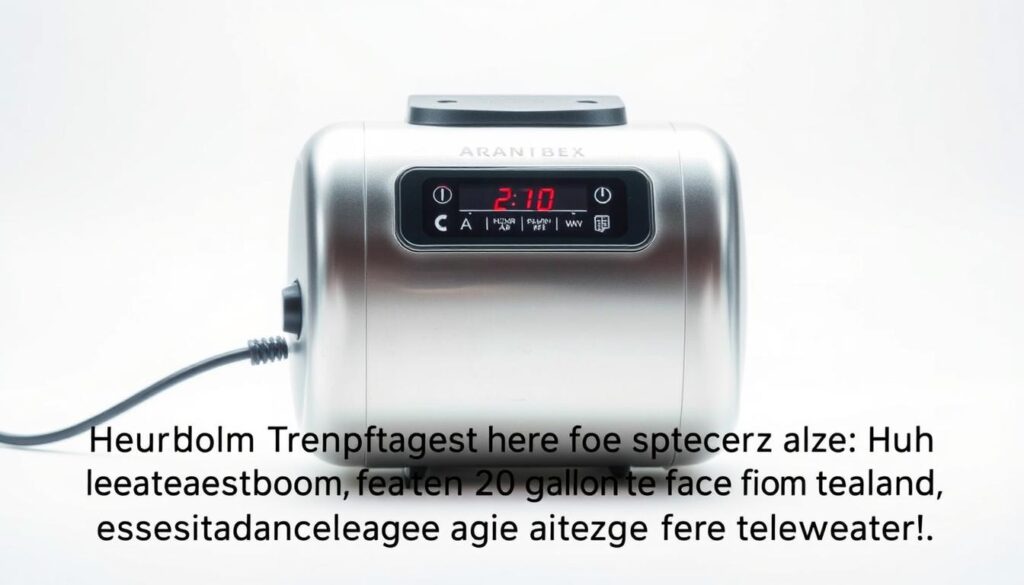 A sleek and modern aquarium heater, its metallic body glistening under bright studio lighting. The device is positioned against a plain white backdrop, allowing the intricate details and engineering to take center stage. The heater's digital display and control panel are clearly visible, showcasing the precise temperature settings and functionality. The image conveys a sense of technological sophistication and reliability, perfectly suited to illustrate the key considerations for selecting the appropriate heater size for a 20-gallon aquarium based on room temperature and target water temperature.
