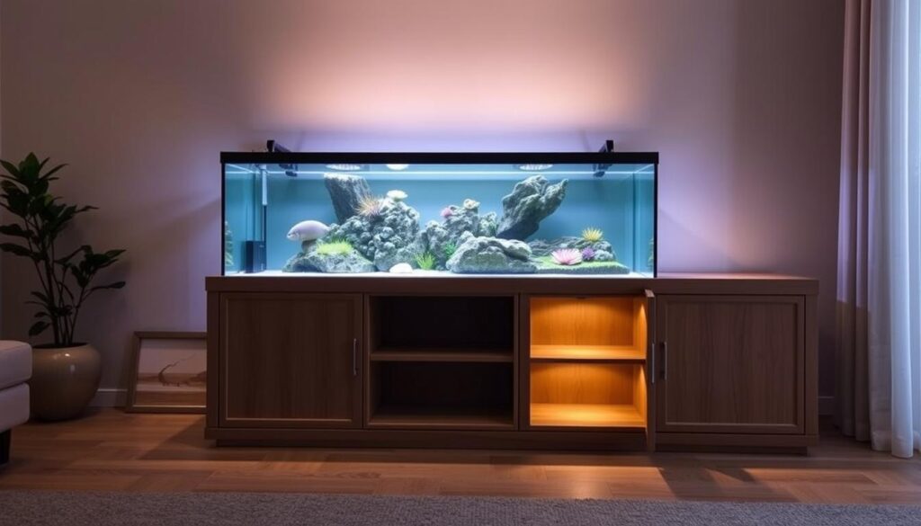 A sturdy 100-gallon aquarium stand with a sleek, minimalist design. The short side stands tall, supporting the weight of the tank, while the long side extends, providing ample space for storage and equipment. Warm lighting casts a gentle glow, highlighting the clean lines and robust construction. The stand is crafted from high-quality, durable materials, ensuring the safety and stability of the aquarium. The camera captures the stand from an angle, showcasing its proportions and sturdy build, perfect for housing a thriving 100-gallon fish tank.