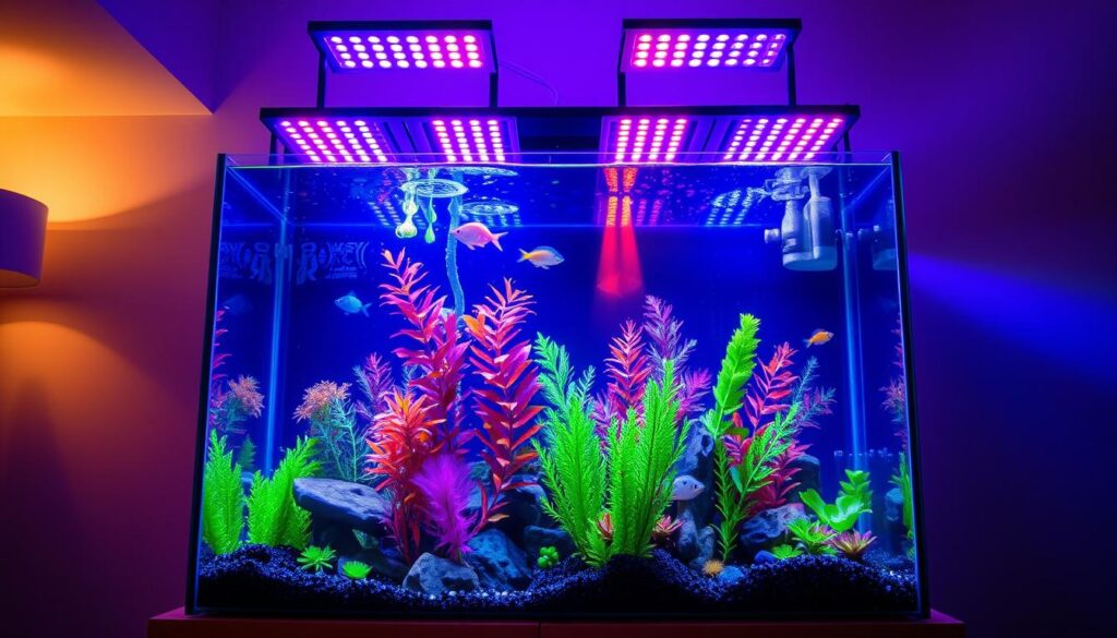 A serene underwater scene featuring a lush aquatic plant landscape. In the foreground, vibrant green aquarium plants sway gently, their leaves casting mesmerizing patterns of light and shadow. The middle ground is dominated by smooth, weathered driftwood, its twisted forms creating dynamic pathways through the tranquil waters. The background is filled with fine golden sand, creating a soft, textured backdrop that enhances the natural beauty of the scene. The lighting is warm and diffused, creating a calming, ethereal atmosphere that invites the viewer to immerse themselves in the tranquil aquatic world.