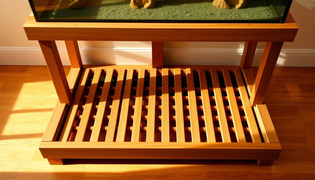 A well-crafted, sturdy wooden aquarium stand with parallel wooden slats forming the base. The slats are arranged in a neat, evenly spaced grid pattern, providing a solid foundation. Warm, natural lighting from above casts soft shadows, highlighting the grain and texture of the wood. The stand is positioned on a smooth, hardwood floor, exuding a sense of elegant simplicity and functionality. The overall aesthetic is clean, modern, and visually appealing, perfectly complementing the aquarium above.