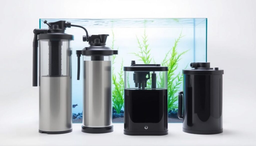 A well-lit studio shot of three modern canister filters for aquariums, arranged in a visually appealing composition. The filters are shown in the foreground, displaying their sleek, cylindrical designs and various control knobs and settings. The middle ground features a realistic water backdrop, with subtle reflections and underwater plant life visible. The background is a minimalist, studio-style setting with a plain white or light gray backdrop, allowing the filters to be the focal point. The lighting is soft and even, highlighting the filters' textures and colors, creating a professional and high-quality appearance suitable for an article on top aquarium filter picks.