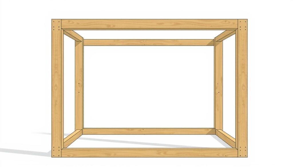 An architectural illustration of a sturdy 2x4 frame for a 100-gallon aquarium stand. The perimeter vertical members are prominently featured, showcasing their robust construction and precise alignment. The frame is captured in a clean, well-lit studio setting, with a neutral background that allows the structural elements to take center stage. The lighting casts subtle shadows, highlighting the depth and dimensionality of the wooden beams. The camera angle is positioned to provide a clear, unobstructed view of the vertical supports, emphasizing their importance in the overall design and stability of the aquarium stand.
