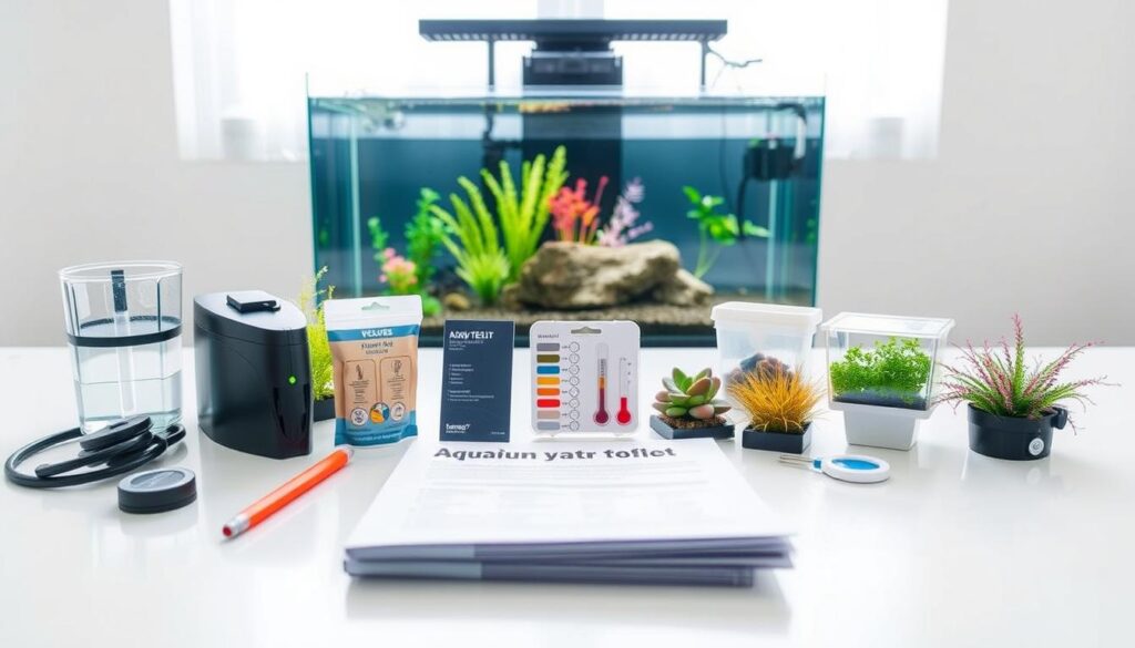Detailed and neatly organized aquarium gear checklist laid out on a clean, minimalist tabletop. Foreground showcases essential items like filter, thermometer, water test kit, and aquarium plants in vibrant colors. Middle ground features a sleek, modern fish tank in the background, with natural lighting cascading through the glass. The overall mood is one of simplicity, organization, and a sense of calm that invites the viewer to start their own beginner-friendly aquarium setup.