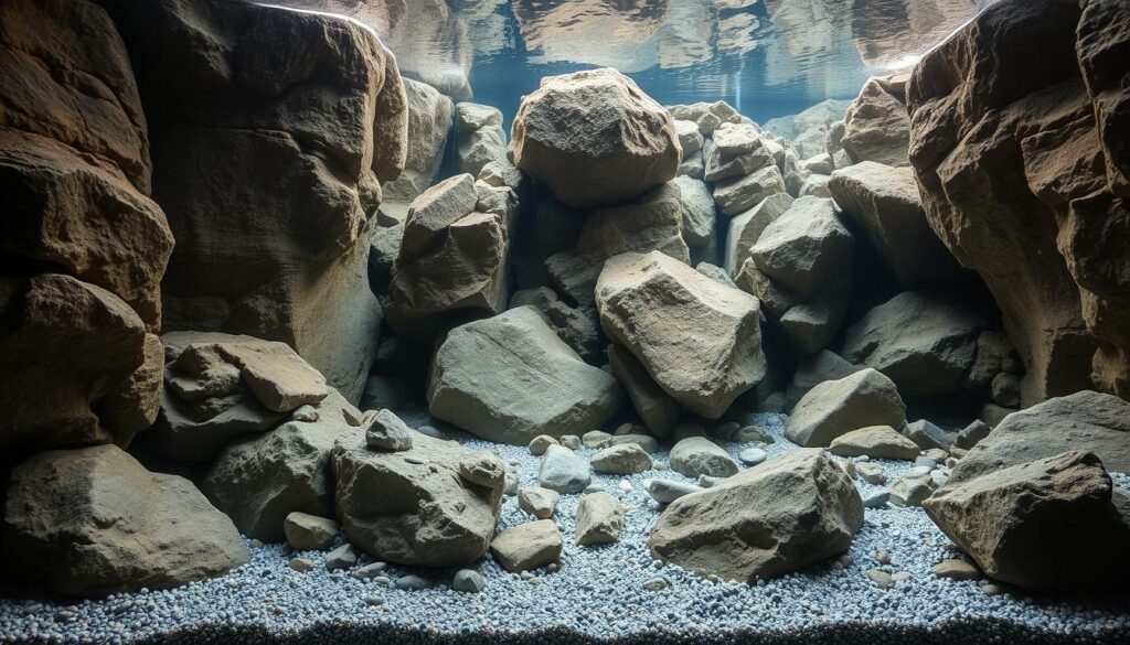 Hardscape layout of natural stone formations cascading across a lush, underwater landscape. Towering boulders and smooth river rocks rise from a bed of fine gravel, creating dynamic levels and depth. Soft, ambient lighting filters through the water, casting gentle shadows and highlights across the rugged textures. A sense of balance and tranquility pervades the scene, inviting the viewer to imagine an aquatic oasis teeming with vibrant aquatic life. Expertly composed to elevate the aquascape design, showcasing the power of strategic hardscape placement.