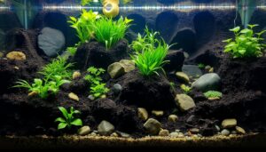 Elegant aquarium tanks in a variety of shapes and sizes, filled with lush, vibrant potted plants. Soft, natural lighting casts a warm glow, highlighting the intricate textures and colors of the foliage. The tanks are placed on sleek, modern wooden shelves, creating a serene, nature-inspired display. The camera captures the tanks from a slightly elevated angle, showcasing the depth and layers within. The overall mood is one of tranquility and harmony, inviting the viewer to imagine the peaceful environment of a well-designed, thriving aquarium.