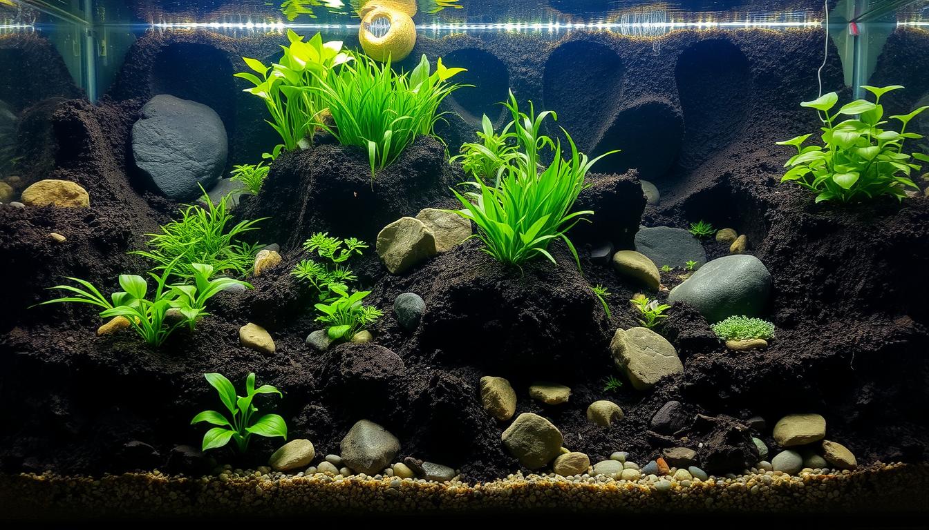 Planted Aquarium Substrate: The Key to a Thriving Aquarium 1 Elegant aquarium tanks in a variety of shapes and sizes, filled with lush, vibrant potted plants. Soft, natural lighting casts a warm glow, highlighting the intricate textures and colors of the foliage. The tanks are placed on sleek, modern wooden shelves, creating a serene, nature-inspired display. The camera captures the tanks from a slightly elevated angle, showcasing the depth and layers within. The overall mood is one of tranquility and harmony, inviting the viewer to imagine the peaceful environment of a well-designed, thriving aquarium.