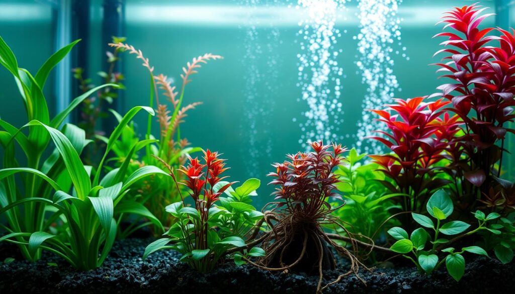 A serene underwater scene, with crystal-clear water flowing over smooth rocks and pebbles. The foreground features a variety of aquatic plants swaying gracefully, their delicate leaves and stems creating a mesmerizing texture. In the middle ground, a powerful yet elegant water pump sits, its sleek metallic housing blending seamlessly with the natural environment. The background is dominated by a lush, verdant landscape, hinting at the pump's versatility in various water-based applications, from ponds to hydroponics. Soft, diffused lighting creates a calming, ethereal atmosphere, and the camera angle captures the scene from a slightly elevated perspective, emphasizing the pump's integration with the surrounding ecosystem.