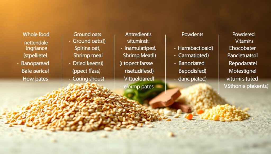 A detailed and visually appealing ingredient list for a nutritious fish food, captured under soft, warm lighting with a shallow depth of field. The foreground features a clean, organized layout of various whole food ingredients such as ground oats, spirulina powder, shrimp meal, and fish oil, arranged neatly on a neutral-colored backdrop. The middle ground showcases complementary food items like dried kelp, insect frass, and powdered vitamins, while the background subtly suggests a natural, earthy environment, hinting at the wholesome origins of the ingredients. The overall mood is one of clarity, simplicity, and a commitment to quality nutrition for aquatic pets.