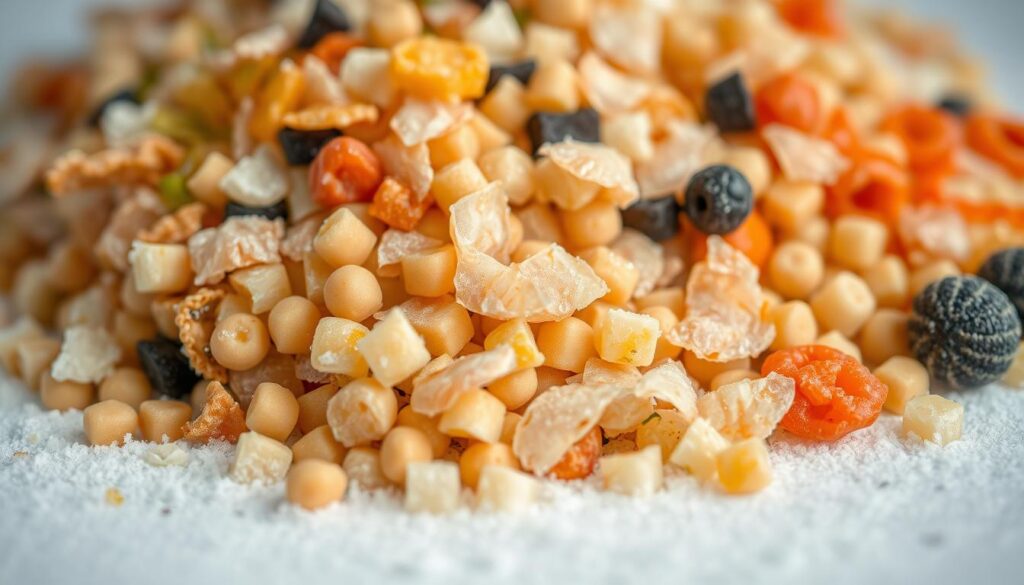 A frozen mixture of various fish food ingredients, including flakes, pellets, and freeze-dried brine shrimp, captured in a high-resolution close-up shot. The ingredients are arranged in a visually appealing manner, with a slight blurred background to emphasize the textural details. The lighting is soft and diffused, creating a natural and appetizing appearance. The image conveys a sense of homemade authenticity and the practical application of the frozen processor mix for everyday fish feeding.