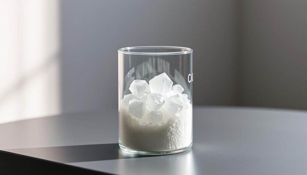 A glass beaker filled with crystalline ammonium chloride, resting on a sleek, minimalist desk. The chemical compound appears as a stark white, geometric arrangement against a softly lit, neutral background. Crisp, directional lighting casts dramatic shadows, emphasizing the angular structure of the crystals. The overall mood is one of scientific precision and understated elegance, inviting the viewer to closely examine the intriguing, chemical properties of this essential component for the fishless cycling process.