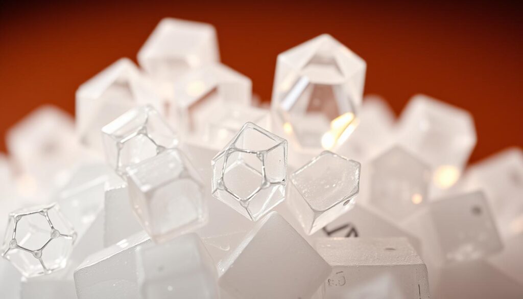 A high-quality macro photograph of crystalline ammonium chloride, with a crisp, sharp focus on the intricate hexagonal structures. The crystals are illuminated by a warm, diffused light, casting subtle shadows that accentuate their geometric patterns. The background is subtly blurred, drawing the viewer's attention to the captivating details of the chemical compound. The image conveys a sense of scientific curiosity and the beauty that can be found in the natural world of chemistry.