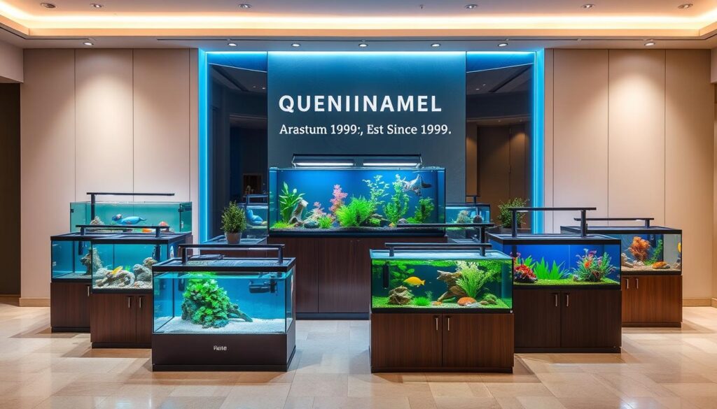 A high-quality, premium aquarium display featuring several prominent aquarium brands, showcased against a sleek, minimalist background. The aquariums are positioned in a visually appealing arrangement, highlighting their elegant designs and superior craftsmanship. The lighting is soft and natural, emphasizing the aquatic life within. The overall atmosphere conveys a sense of sophistication, quality, and the trusted heritage of these aquarium brands, established since 1999.