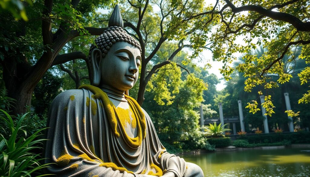 A majestic, weathered Buddha statue sits amidst a lush, verdant garden, its serene gaze overlooking a tranquil pond. Mossy vines crawl up the ancient stone figure, adding a captivating patina of age and wisdom. Dappled sunlight filters through the canopy of surrounding trees, casting a warm, golden glow on the scene. The statue's intricate details and serene expression evoke a sense of profound inner peace, inviting the viewer to pause and reflect. Captured from a low angle, the towering Buddha commands the frame, its imposing presence commanding reverence and awe.