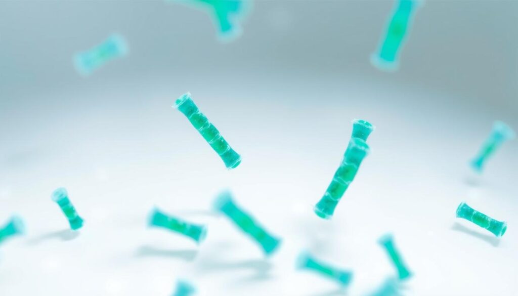 A microscopic close-up of several nitrifying bacteria, depicted as small, rod-shaped microorganisms with a vibrant blue-green hue. The bacteria are shown in a highly detailed, scientific illustration style, with a clean white background that emphasizes their intricate cellular structures and forms. Soft, diffused lighting from the top-left casts gentle shadows, accentuating the three-dimensional shape and texture of the bacteria. The image conveys a sense of scientific curiosity and the importance of these essential microbes in the nitrogen cycle.