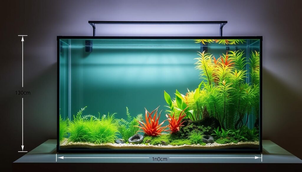 A sleek, modern aquarium filled with crystal-clear water and lush, vibrant aquatic plants. The tank is prominently displayed, its dimensions measured in inches, showcasing its perfect size and proportions for an elegant indoor display. Soft, diffused lighting illuminates the scene, casting a warm, natural glow over the aquatic landscape. The tank is positioned at eye level, inviting the viewer to appreciate the intricate details and the sense of scale. The overall composition emphasizes the harmonious balance between the aquarium's size, the plant life, and the intended placement within the living space, creating a captivating and visually appealing display.