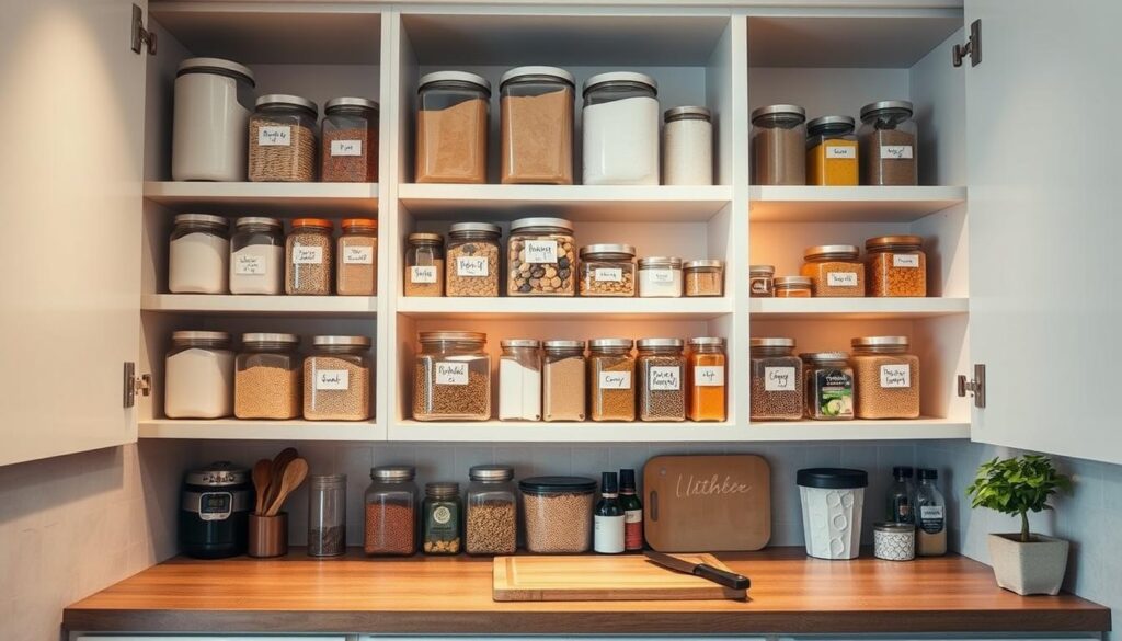 A well-organized and labeled kitchen storage area, with clear containers and jars for various dry goods, spices, and food items. The shelves are neatly arranged, with efficient use of space, and the lighting is warm and inviting, casting a soft glow on the scene. The countertop features a cutting board, a few cooking utensils, and a small potted plant, creating a cozy and functional atmosphere. The overall composition emphasizes the importance of thoughtful organization and food safety in a home kitchen setting.