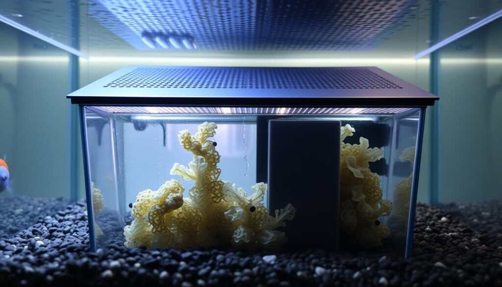 An undergravel filter, a vital component in aquarium filtration, depicted in exquisite detail. A sleek, perforated plate covers the tank's base, subtly blending with the gravel above. Diffused lighting emanates from beneath, illuminating the intricate network of water channels and biological media. The design elegantly combines form and function, with a sense of minimalist sophistication. The viewer's gaze is drawn to the filter's understated yet essential role in maintaining a healthy, balanced aquatic ecosystem. Captured at a low angle, the image conveys the filter's pivotal position within the tank, emphasizing its importance in the broader context of aquarium filtration equipment.