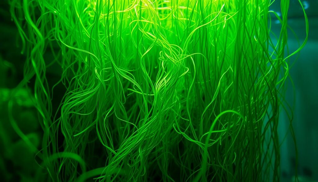Hair algae growing in a thriving freshwater aquarium, illuminated by soft, natural lighting. A dense, tangled mass of long, filamentous strands in shades of vibrant green, cascading through the crystal clear water. Blurred foreground and background create a sense of depth, drawing the eye to the lush, intertwined algae. Delicate, wispy tendrils sway gently, as if reaching for the light. The scene conveys a serene, underwater atmosphere, highlighting the persistent, problematic nature of this aquatic plant growth.