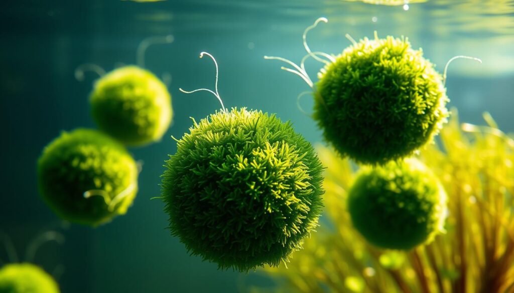 Lush, spherical marimo moss balls floating effortlessly in a sunlit aquarium. Velvety green orbs drifting gently, exuding a sense of tranquility. The water's surface shimmers, casting a soft, diffused light that illuminates the moss' vibrant hues. Delicate wisps of algae sway with the current, creating a mesmerizing underwater dance. Smooth and tactile, the marimo balls appear suspended in time, embodying the essence of a calming, low-maintenance aquatic feature. A close-up, high-resolution view captures the intricate textures and natural patterns of these unique, aquatic plants.
