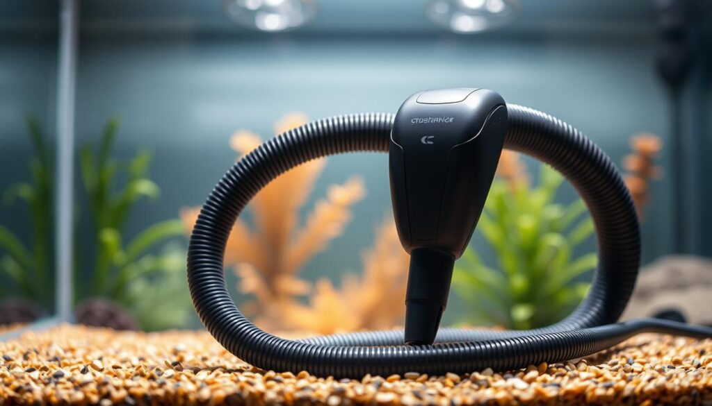 Prompt A sleek and modern python-shaped aquarium water changer and gravel vacuum. The body is made of smooth, black plastic with subtle metallic accents. The long, flexible hose extends from the front, coiled neatly. The vacuum head at the end is designed for efficient debris removal from gravel and substrate. The entire device is illuminated by soft, diffused lighting, casting a warm glow and highlighting its clean, minimalist aesthetic. The background is a blurred, out-of-focus aquarium scene, emphasizing the tool as the focal point. The mood is one of functionality, precision, and a commitment to maintaining a healthy, thriving aquarium environment.
