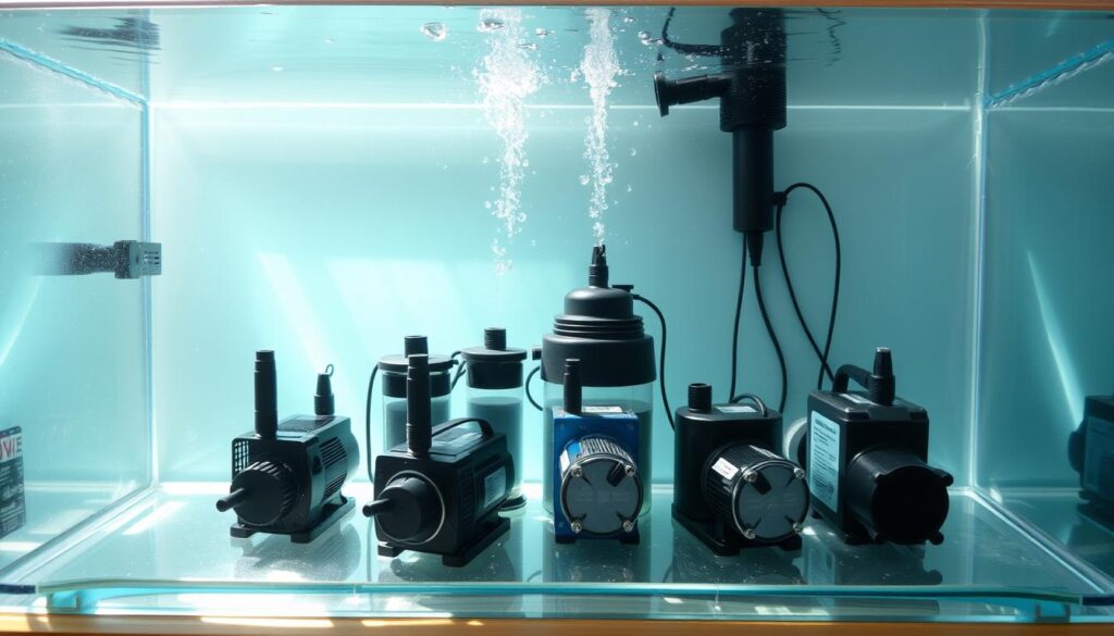 a clear glass fish tank with a selection of different water pumps displayed inside, illuminated by soft natural lighting filtering through the water, creating a serene, underwater atmosphere. The pumps are arranged in an orderly, curated manner, showcasing their unique designs and features. The water is crystal clear, emphasizing the importance of proper filtration and circulation for a healthy aquarium. The overall composition is visually appealing, drawing the viewer's attention to the thoughtfully selected pumps.