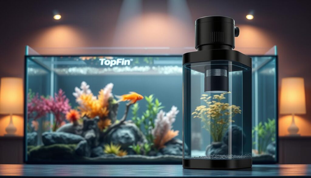 a highly detailed and realistic digital illustration of a top-of-the-line topfin aquarium filter, showcased in a well-lit and visually striking manner. the filter is prominently featured in the foreground, with a sleek and modern design, capturing the advanced technology and attention to detail that defines topfin's innovative approach. the middle ground features a crystal-clear aquarium filled with vibrant underwater plants and natural decor, highlighting the filter's efficient water circulation and filtration capabilities. the background depicts a serene, dimly lit aquarium room, with soft lighting casting a warm, inviting glow over the entire scene, conveying a sense of harmony and tranquility.
