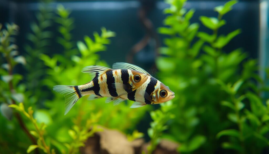 A close-up view of two zebra danio fish (Danio rerio) swimming together in a lush, planted aquarium. The foreground captures the vibrant stripes and graceful movements of the breeding pair, their fins delicately intertwined. The middle ground showcases a variety of freshwater plants, providing a natural, verdant backdrop. Soft, diffused lighting from the overhead aquarium illuminates the scene, creating a serene, underwater atmosphere. The camera angle is slightly elevated, offering an intimate perspective on the mating behavior of these small, schooling fish. The image conveys the beauty and intricate details of successful zebra danio breeding in a community tank setting.