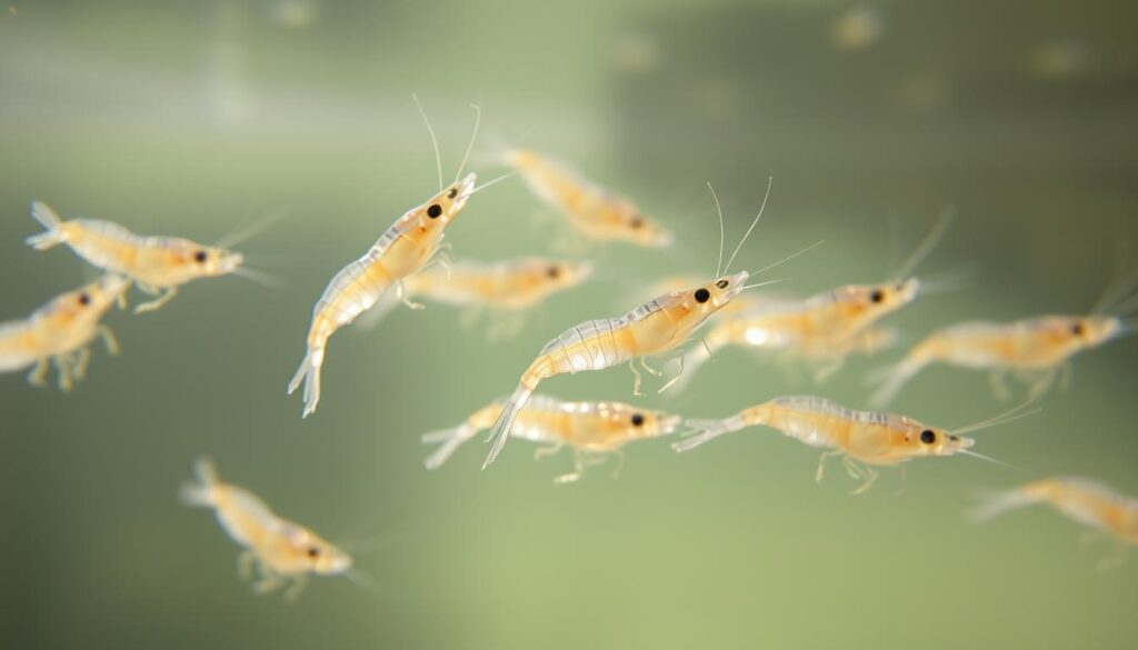 A closeup photograph of brine shrimp, Artemia, swimming in a shallow pool of clear, brackish water. The shrimp's translucent, segmented bodies are illuminated from above by soft, natural lighting, casting delicate shadows on the water's surface. The background is blurred, creating a sense of focus on the foreground. The camera angle is slightly low, giving the viewer an intimate, eye-level perspective of the shrimp. The overall mood is serene and captures the delicate beauty of these tiny, yet essential live food organisms for bettas and other aquarium fish.