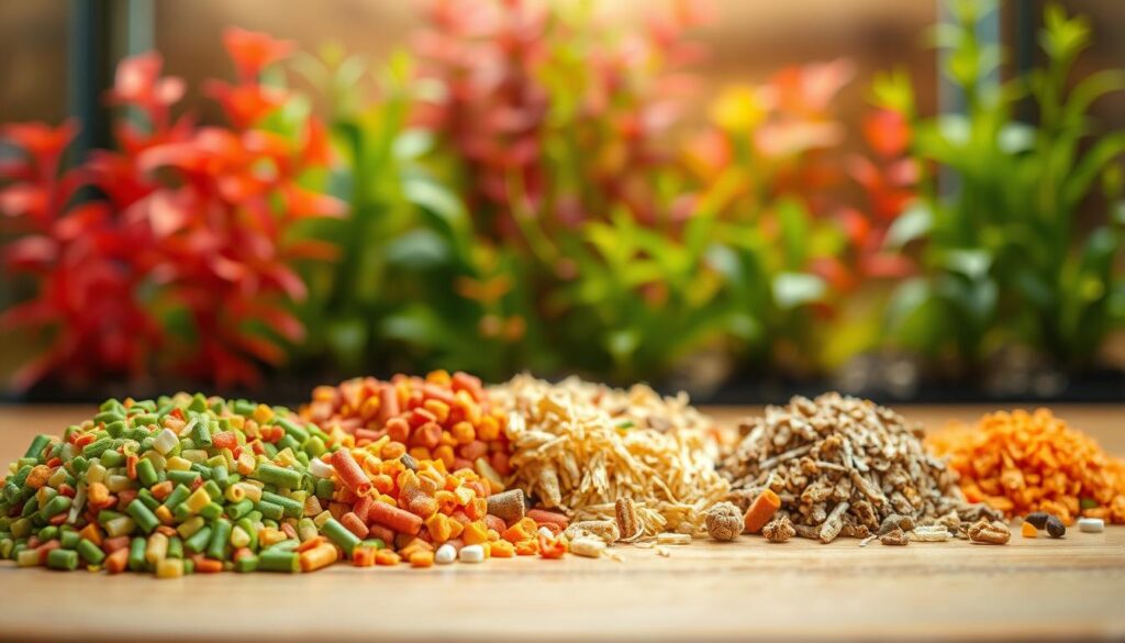 A colorful arrangement of vibrant fish foods on a natural wooden surface, with a shallow depth of field creating a softly blurred background. The foreground showcases an assortment of high-quality pellets, flakes, and freeze-dried treats in a variety of hues - greens, reds, oranges, and browns - to represent the diverse nutritional needs of Endler's livebearers. The middle ground features lush aquarium plants, creating a sense of an underwater environment. Warm, natural lighting casts gentle shadows, evoking a serene, welcoming atmosphere perfect for these hardy, captivating freshwater companions.