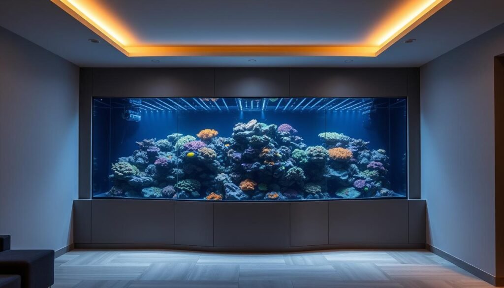 A large, striking red sea reefer aquarium system stands prominently in a modern, minimalist home interior. The intricate coral reef within is illuminated by a carefully calibrated array of natural-looking overhead lighting, casting a warm, atmospheric glow. The aquarium's curved glass panels offer a panoramic view of the thriving marine ecosystem, framed by sleek, streamlined cabinetry in muted tones. The scene evokes a sense of tranquility and understated luxury, perfectly complementing the high-end, long-term reef-keeping setup described in the article.