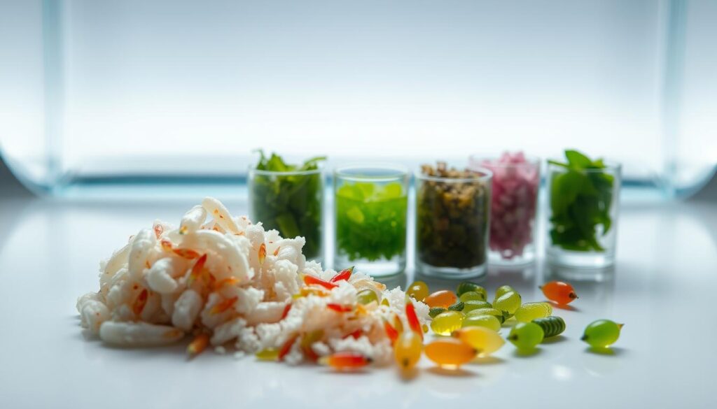 A meticulously arranged still life depicting a variety of small, bite-sized food items suitable for chili rasboras. In the foreground, a cluster of frozen brine shrimp, live daphnia, and finely crushed flakes cast soft shadows on the smooth, glass surface. The middle ground showcases a variety of microalgae cultures in small glass containers, their vibrant hues complementing the cool, natural lighting. In the background, a gently curved aquarium backdrop frames the scene, hinting at the natural habitat these tiny, colorful fish would thrive in. The overall mood is one of careful curation, highlighting the specific dietary needs of these delicate aquarium inhabitants.