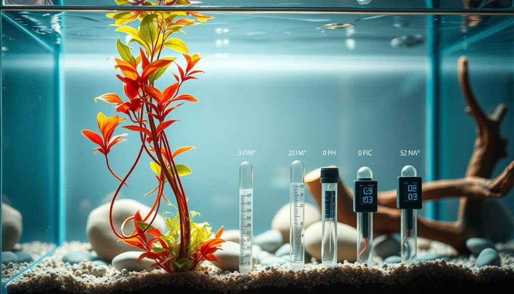 A meticulously detailed illustration of water parameters in a home aquarium setting. In the foreground, a glass tank filled with crystal-clear water, illuminated by natural sunlight filtering through the surface. Suspended within, delicate water plants sway gracefully, their vibrant greens and reds creating a serene underwater landscape. In the middle ground, various scientific instruments precisely measuring temperature, pH, dissolved oxygen, and other crucial parameters are displayed, their digital readouts conveying the ideal conditions for a thriving aquarium ecosystem. In the background, a subtly blurred array of aquarium decor, including smooth river rocks and driftwood, sets the mood of a tranquil, well-maintained environment. Soft, diffused lighting casts a warm, inviting glow, evoking the calming ambiance of an expertly curated freshwater habitat.